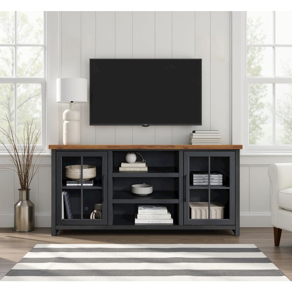 Essex 67 inch TV Stand Console for TVs up to 80 inches, Black and Whiskey Finish. Picture 4