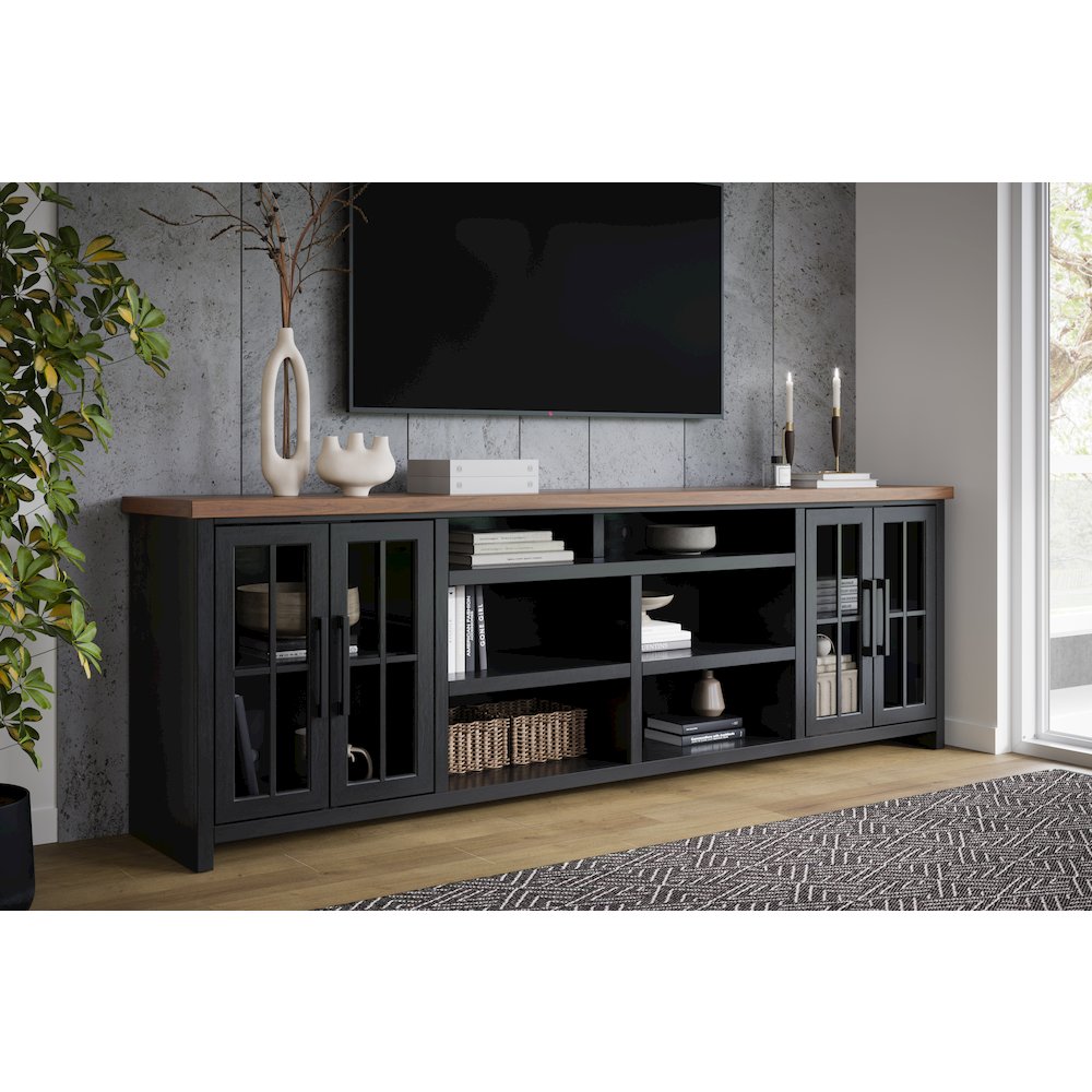 Essex 96 in TV Stand Console for TVs up to 100 in, Black and Whiskey Finish. Picture 7