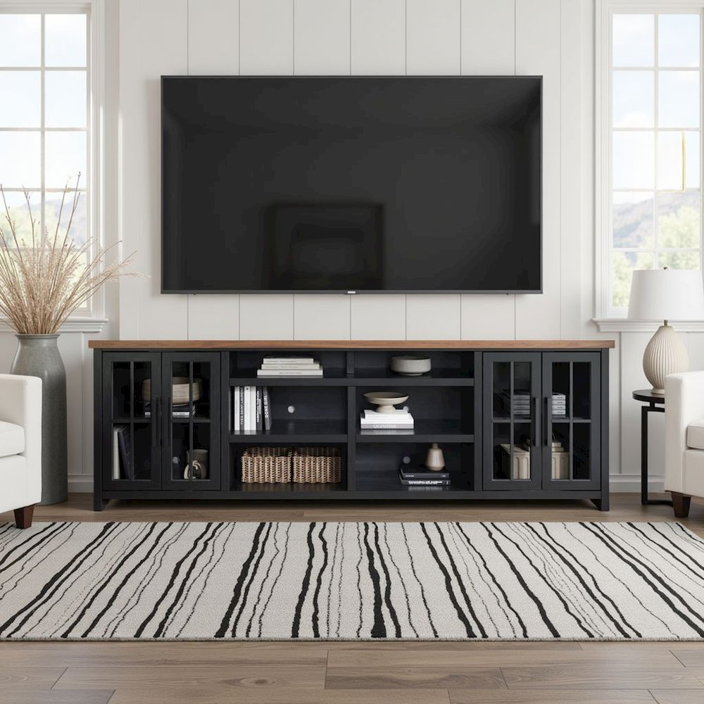 Essex 96 in TV Stand Console for TVs up to 100 in, Black and Whiskey Finish. Picture 4