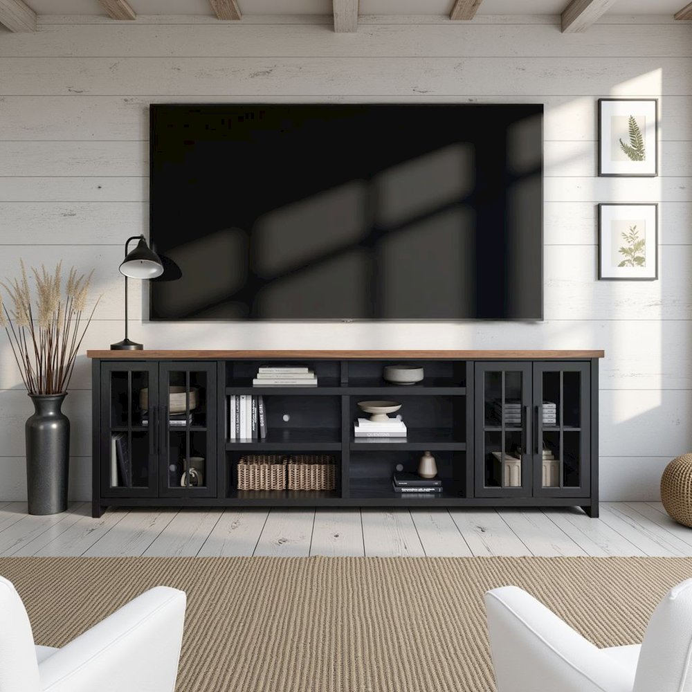 Essex 96 in TV Stand Console for TVs up to 100 in, Black and Whiskey Finish. Picture 6