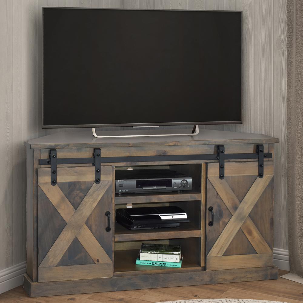 66 inch Corner TV Stand for TVs up to 80 inches, Barnwood Finish. Picture 2