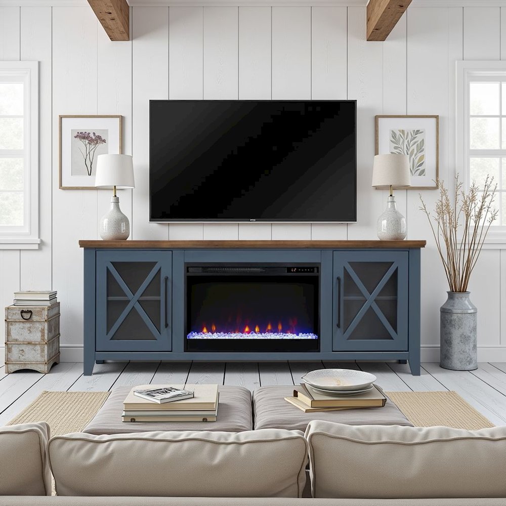 66 inch Fireplace TV Stand, For TVs up to 80 inches, Blue and Bourbon Finish. Picture 3