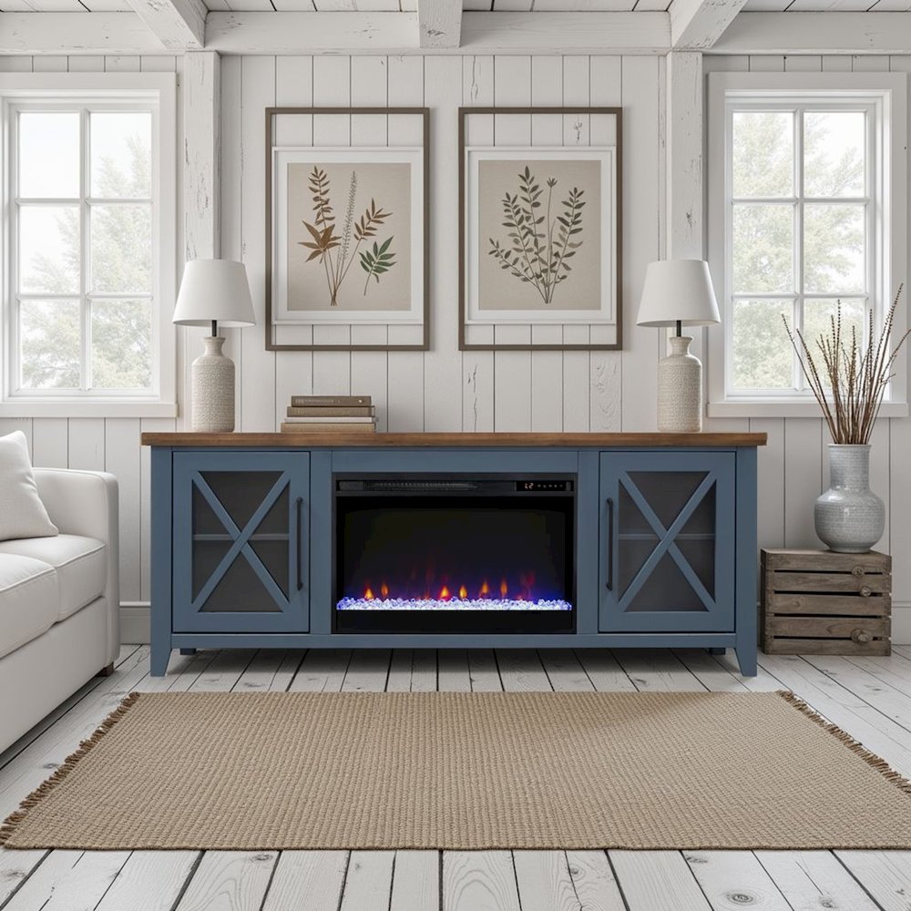 66 inch Fireplace TV Stand, For TVs up to 80 inches, Blue and Bourbon Finish. Picture 7
