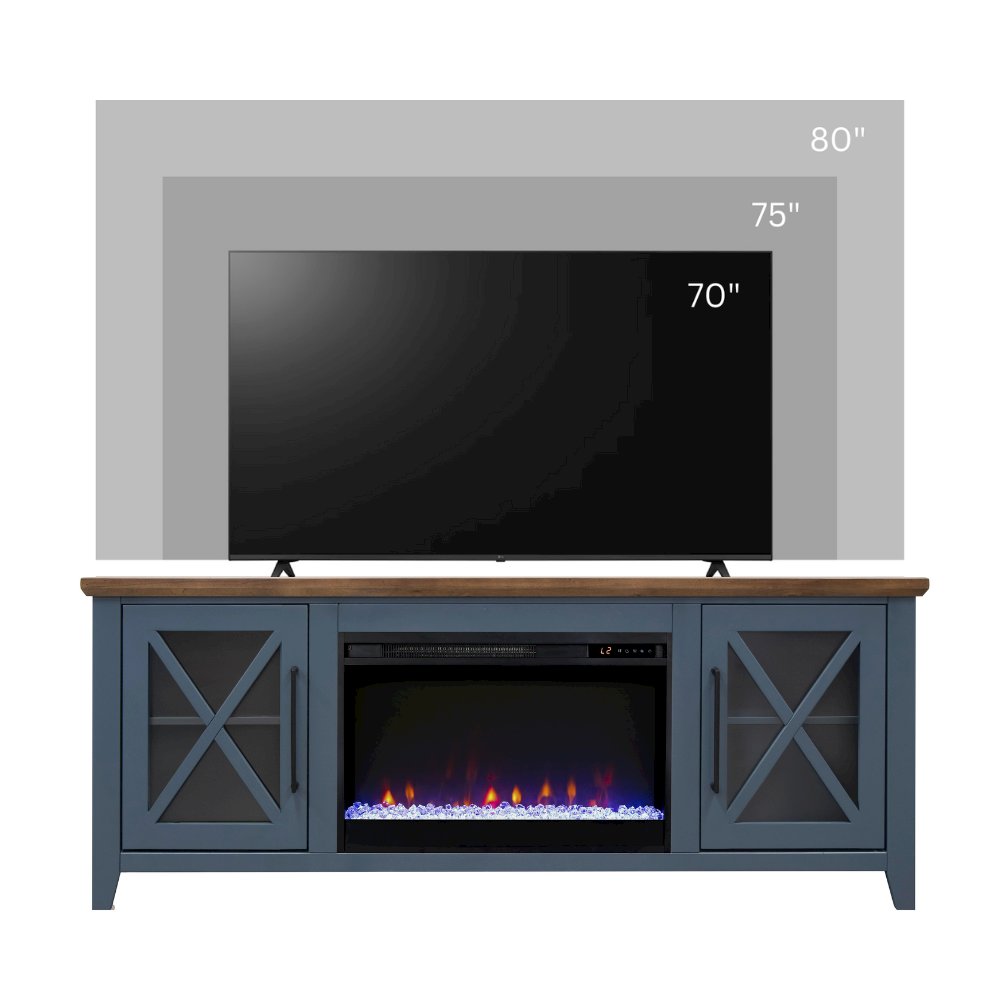 66 inch Fireplace TV Stand, For TVs up to 80 inches, Blue and Bourbon Finish. Picture 2