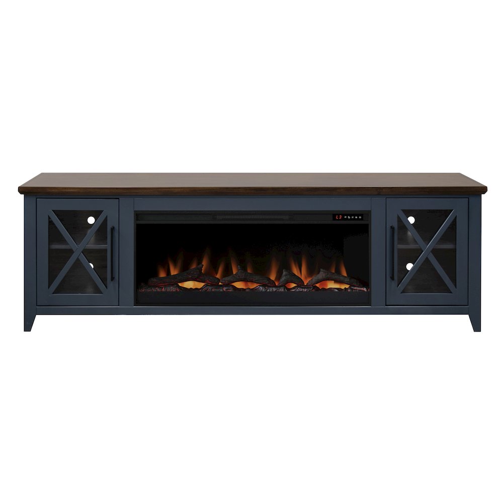 83 inch Fireplace TV Stand, For TVs up to 95 inches, Blue and Bourbon Finish. Picture 1