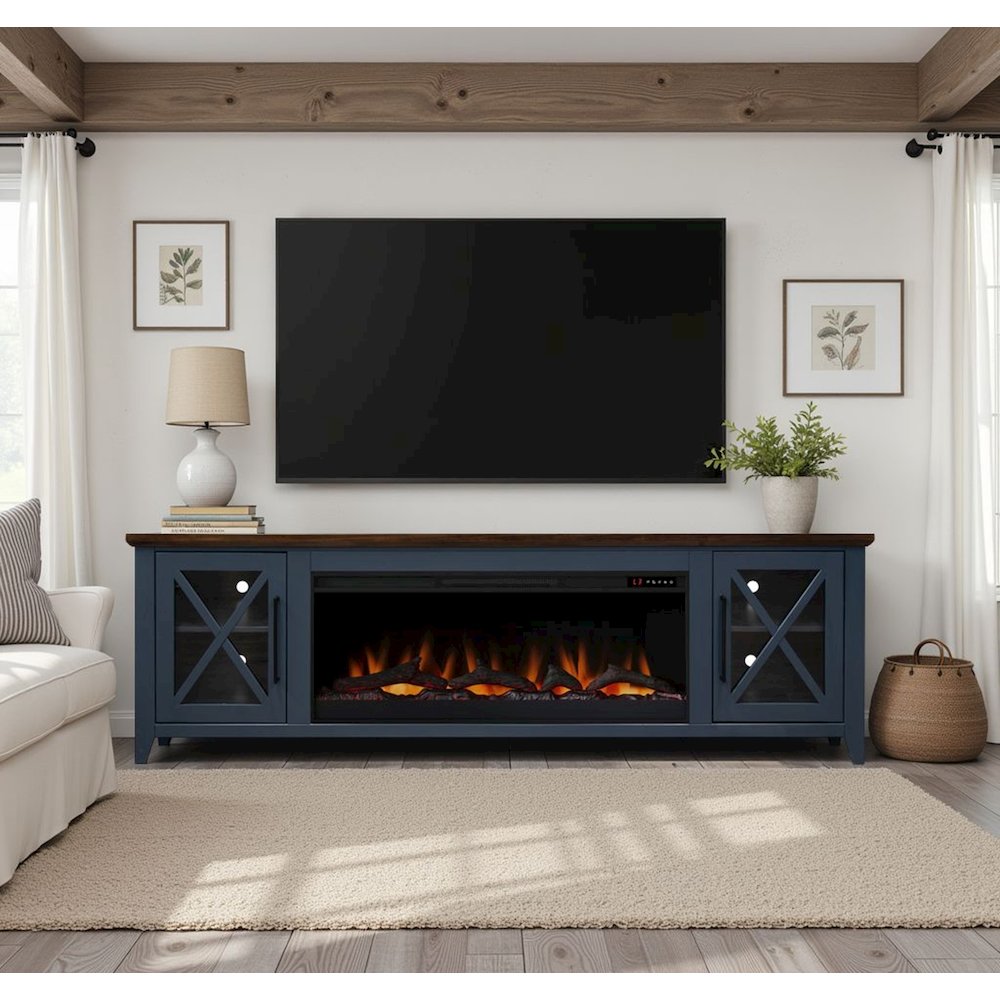 83 inch Fireplace TV Stand, For TVs up to 95 inches, Blue and Bourbon Finish. Picture 7