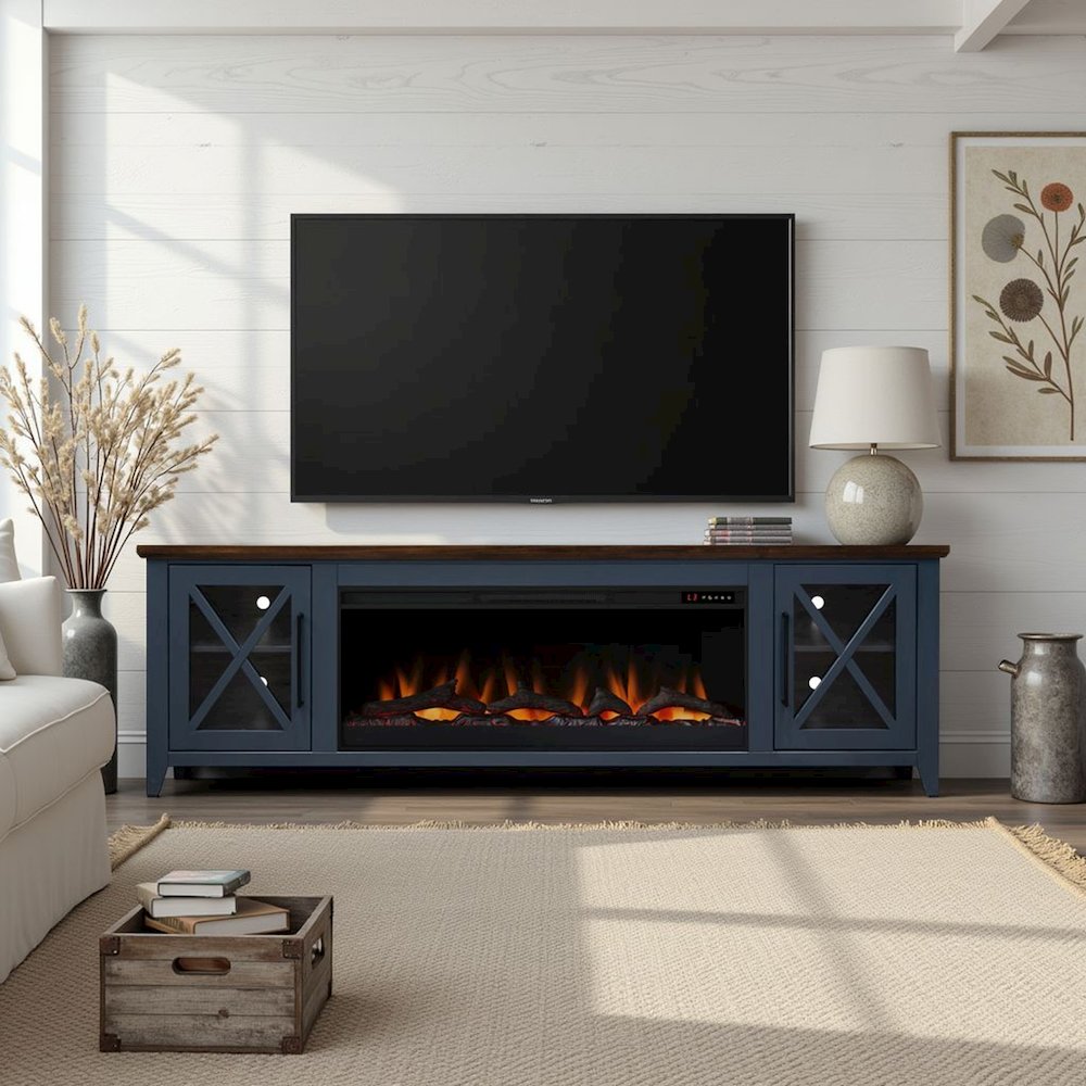 83 inch Fireplace TV Stand, For TVs up to 95 inches, Blue and Bourbon Finish. Picture 3