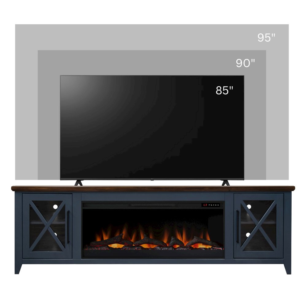 83 inch Fireplace TV Stand, For TVs up to 95 inches, Blue and Bourbon Finish. Picture 2