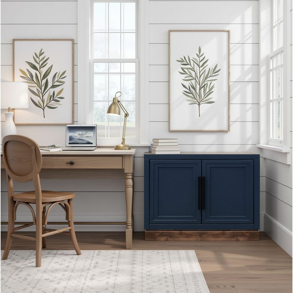 Nora Modular 2-Door Base Cabinet, Blue Denim and Whiskey Finish. Picture 2