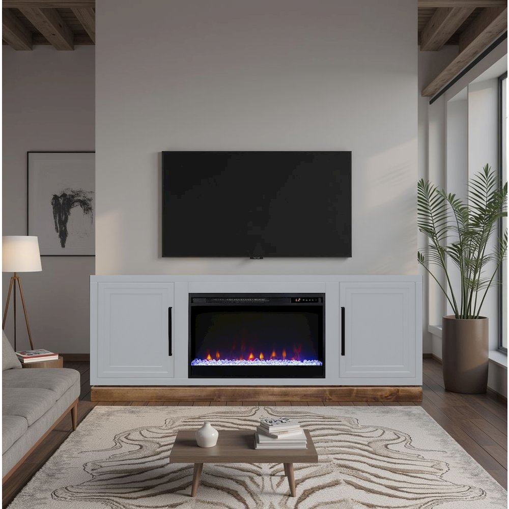 Nora 64in Fireplace TV Stand, for TVs up to 85in,Jasmine White & Barnwood Finish. Picture 5