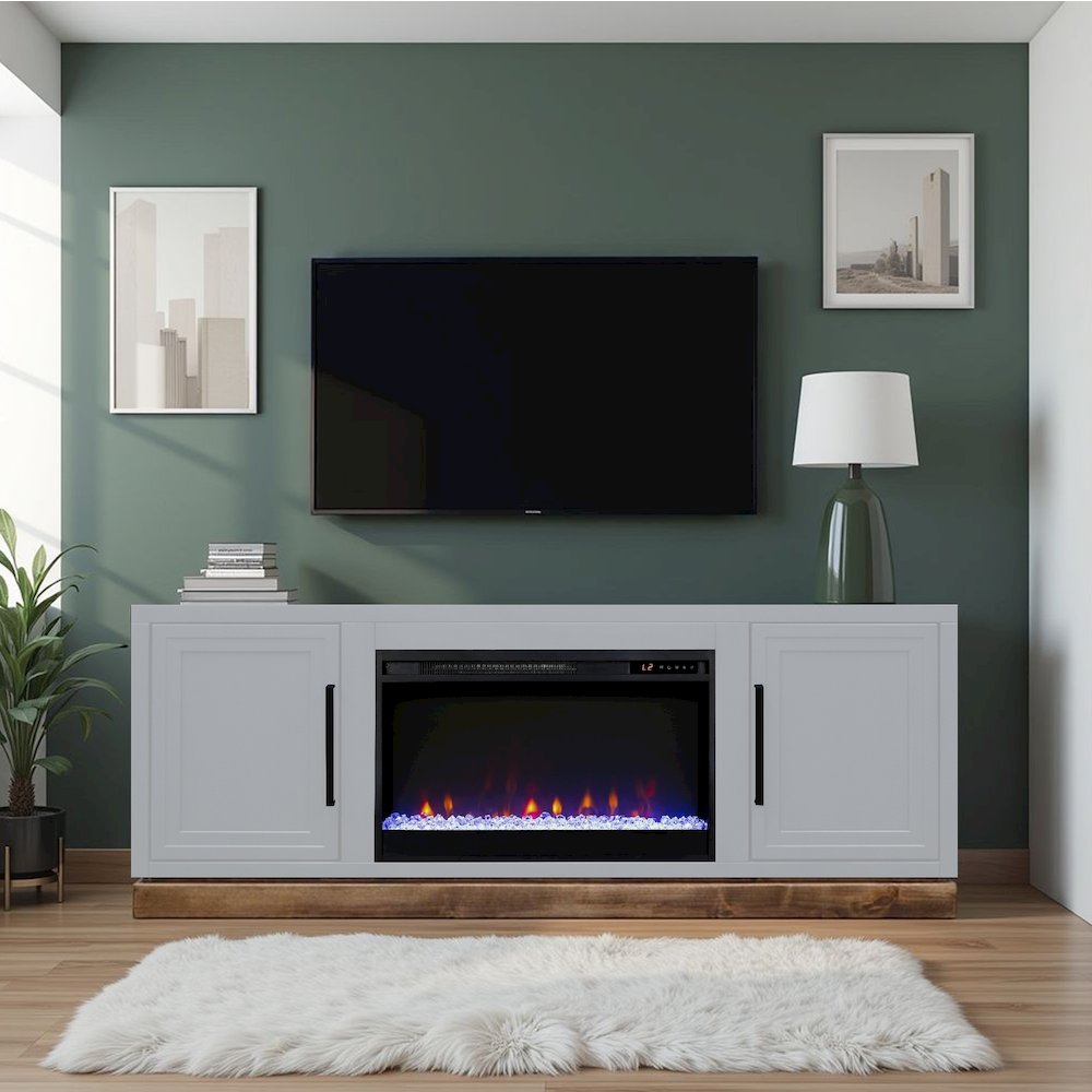 Nora 64in Fireplace TV Stand, for TVs up to 85in,Jasmine White & Barnwood Finish. Picture 4