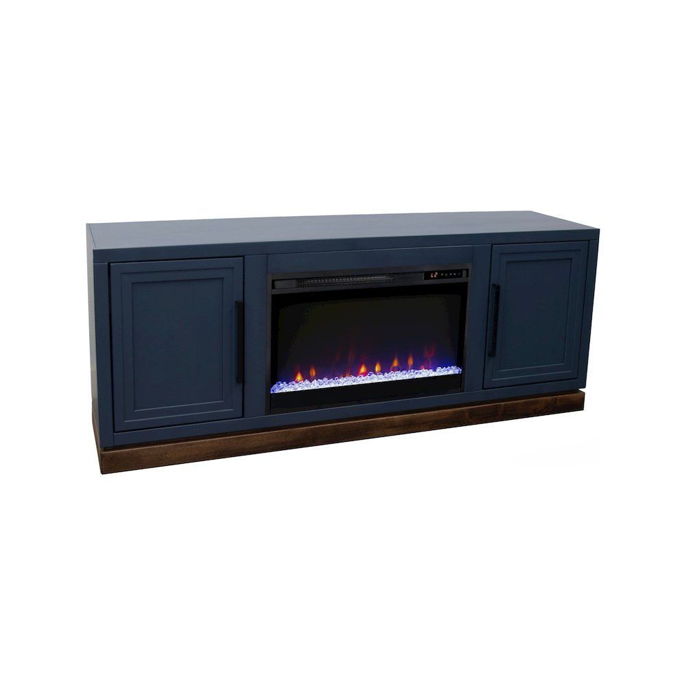 Nora 64in Fireplace TV Stand, for TVs up to 85in, Blue Denim and Whiskey Finish. Picture 1