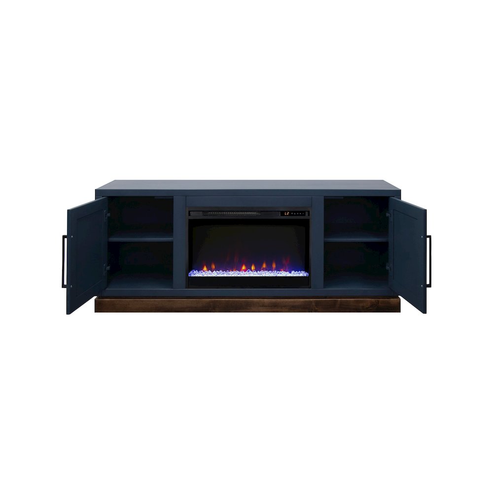 Nora 64in Fireplace TV Stand, for TVs up to 85in, Blue Denim and Whiskey Finish. Picture 6