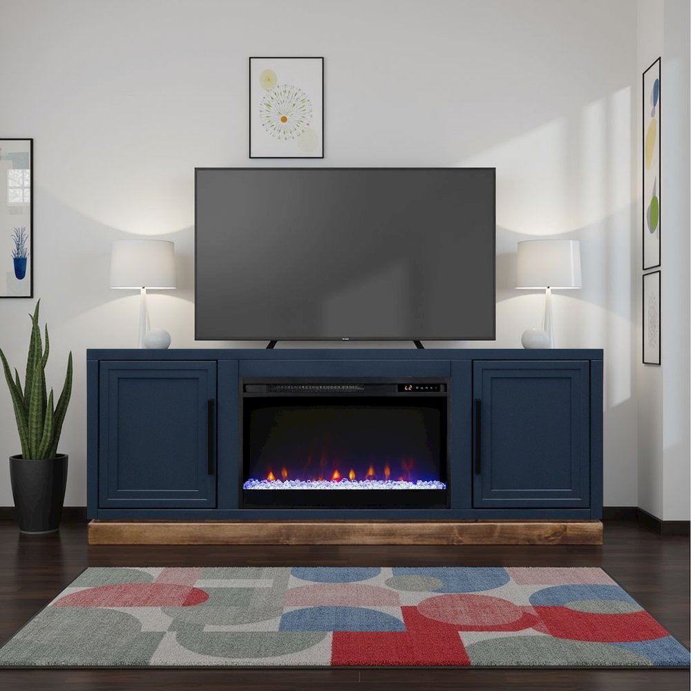 Nora 64in Fireplace TV Stand, for TVs up to 85in, Blue Denim and Whiskey Finish. Picture 4