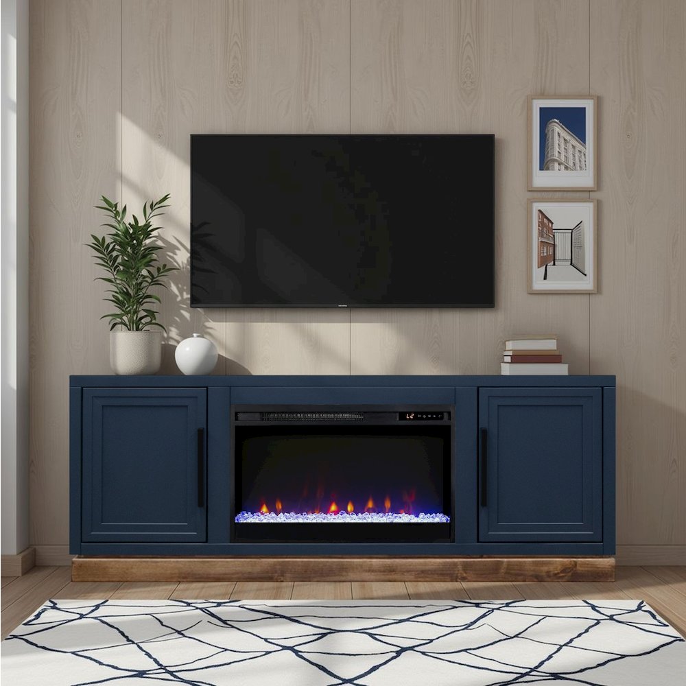 Nora 64in Fireplace TV Stand, for TVs up to 85in, Blue Denim and Whiskey Finish. Picture 2