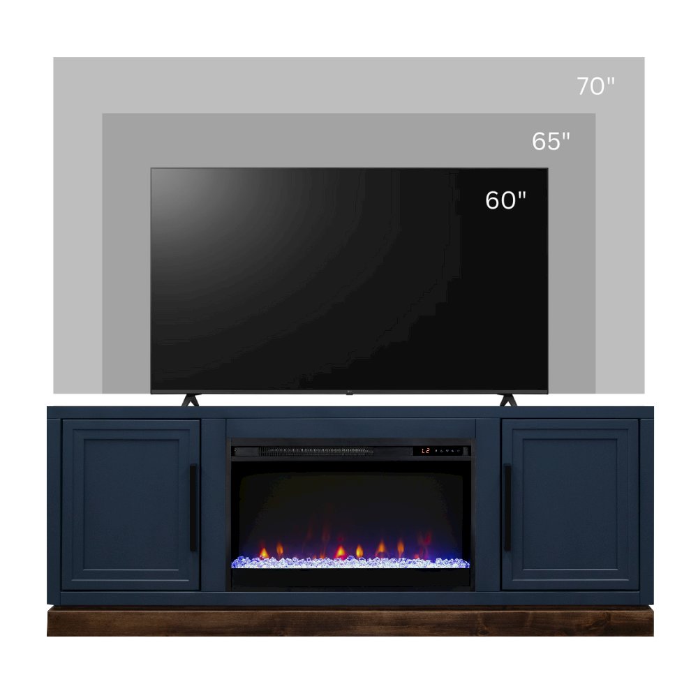 Nora 64in Fireplace TV Stand, for TVs up to 85in, Blue Denim and Whiskey Finish. Picture 3