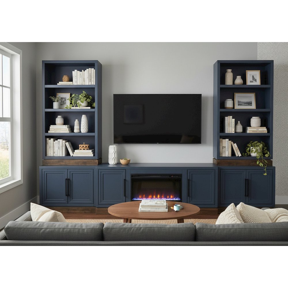 Nora 64in Fireplace TV Stand, for TVs up to 85in, Blue Denim and Whiskey Finish. Picture 8
