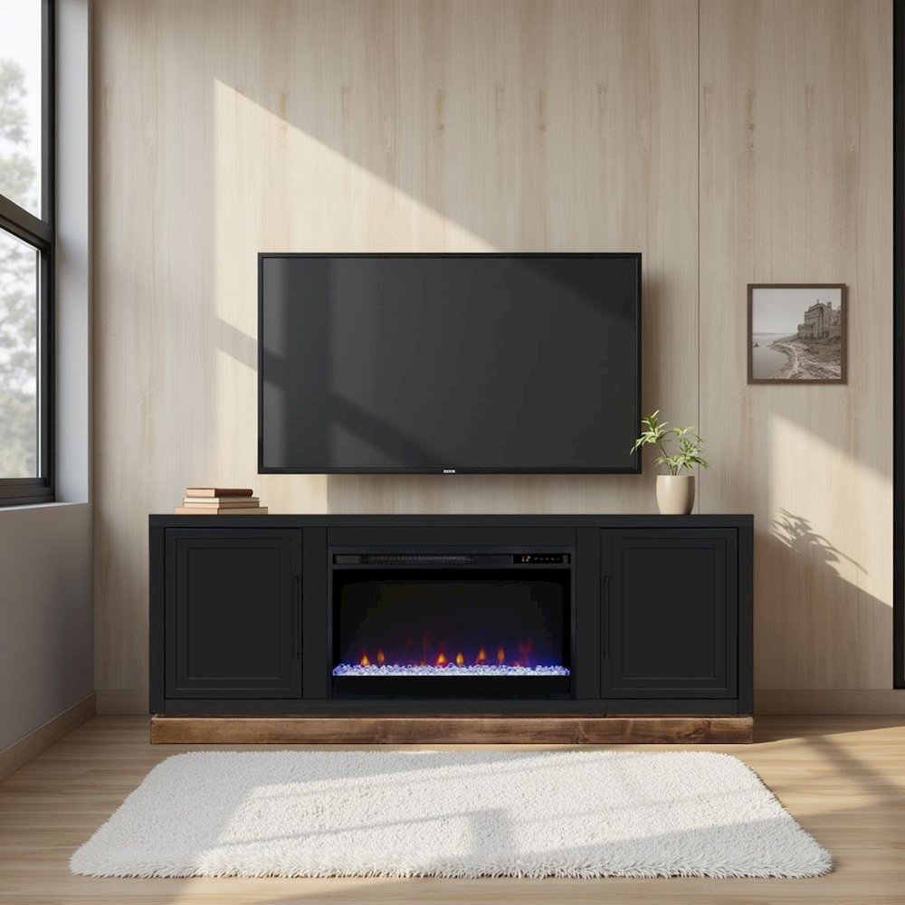 Nora 64 in Fireplace TV Stand, for TVs up to 85 in, Black and Whiskey Finish. Picture 2