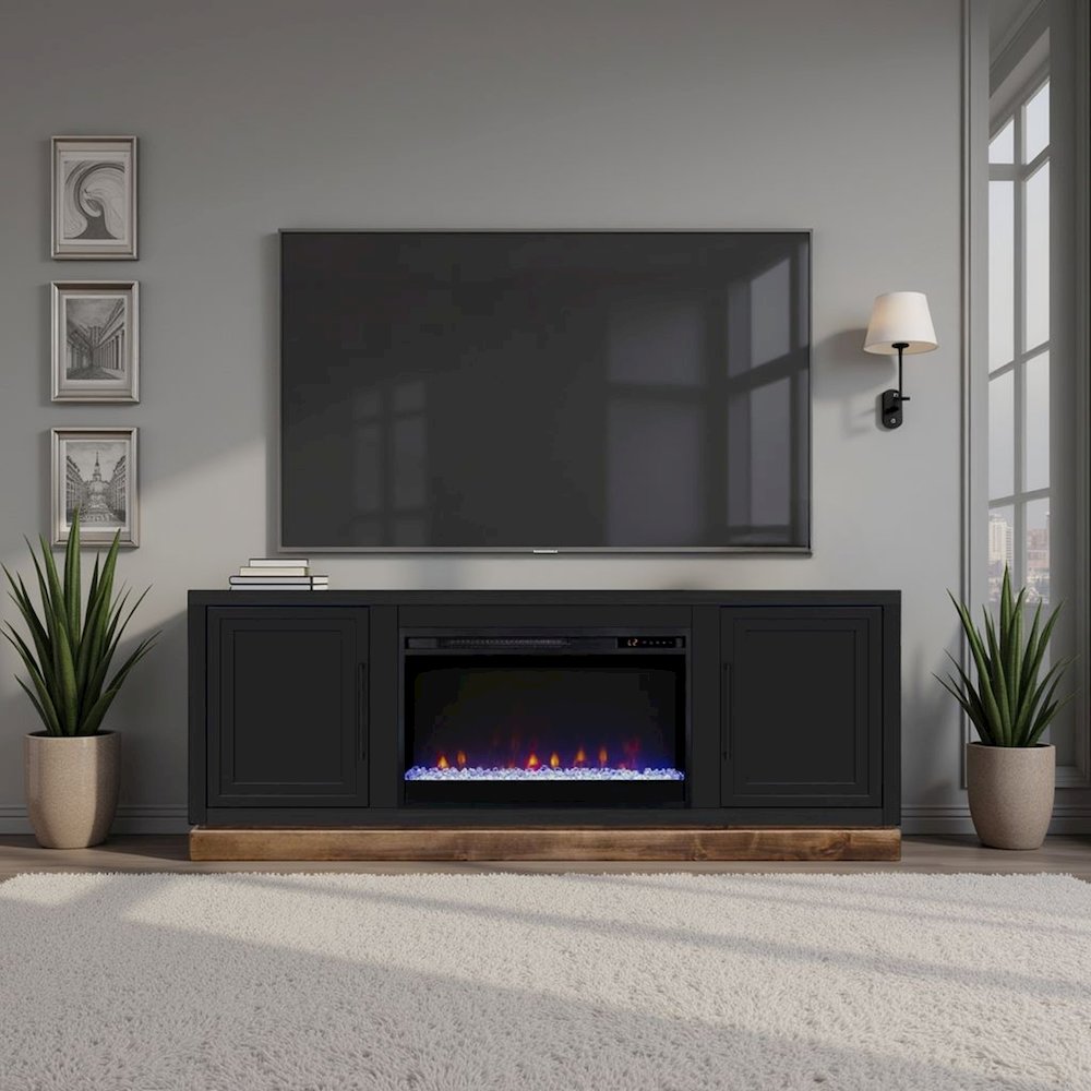 Nora 64 in Fireplace TV Stand, for TVs up to 85 in, Black and Whiskey Finish. Picture 4