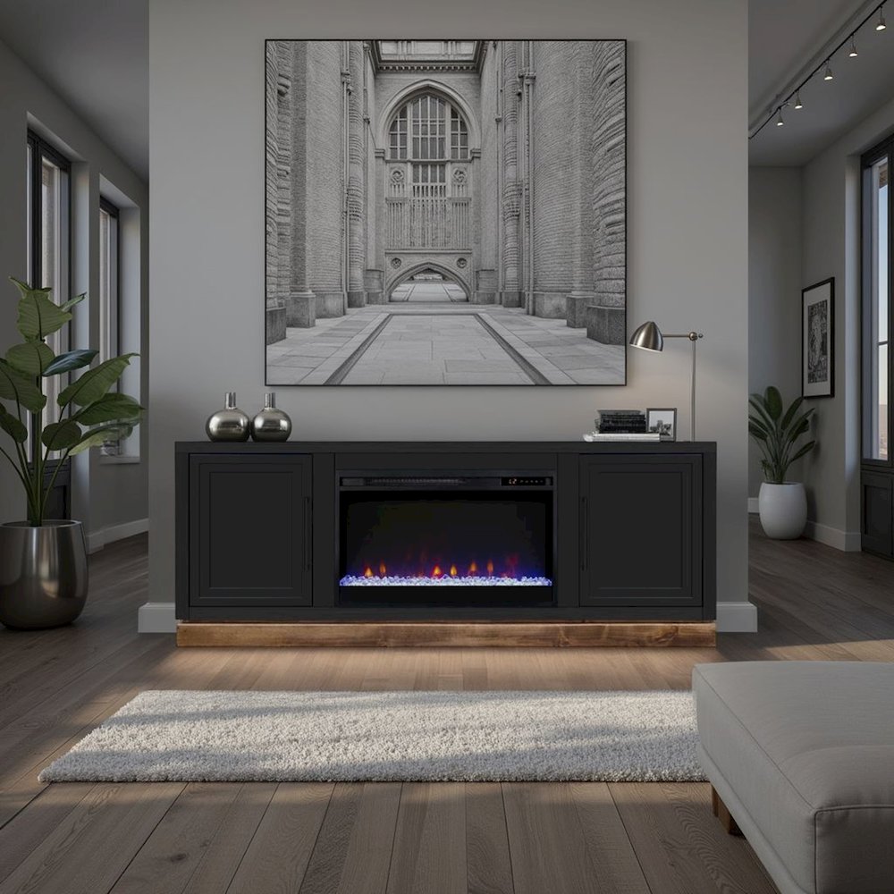Nora 64 in Fireplace TV Stand, for TVs up to 85 in, Black and Whiskey Finish. Picture 5