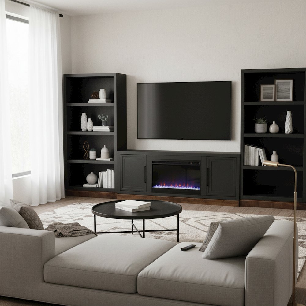 Nora 64 in Fireplace TV Stand, for TVs up to 85 in, Black and Whiskey Finish. Picture 7