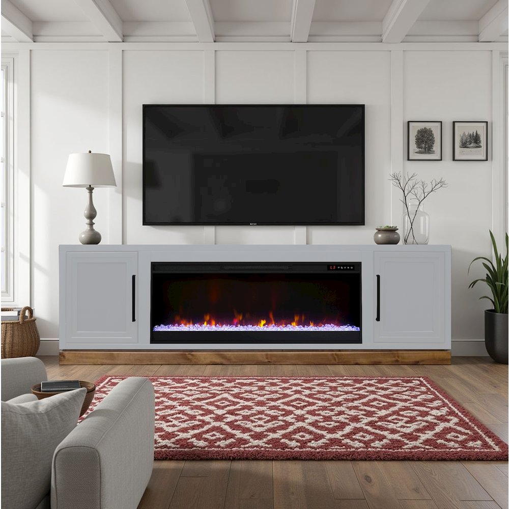 Nora 81in Fireplace TV Stand, for TVs up to 90in,Jasmine White & Barnwood Finish. Picture 4
