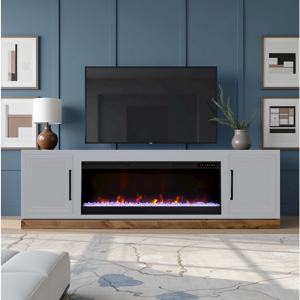 Nora 81in Fireplace TV Stand, for TVs up to 90in,Jasmine White & Barnwood Finish. Picture 2