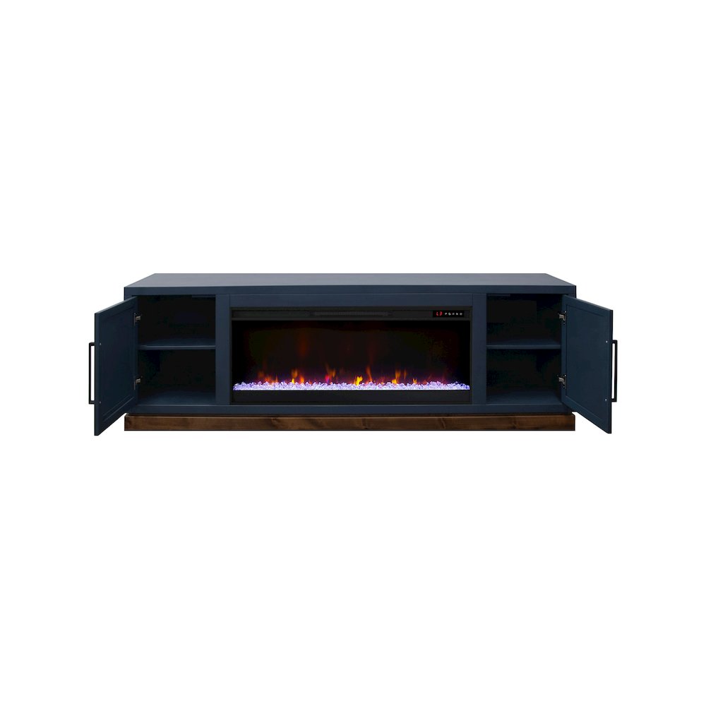 Nora 81in Fireplace TV Stand, for TVs up to 90in, Blue Denim and Whiskey Finish. Picture 6