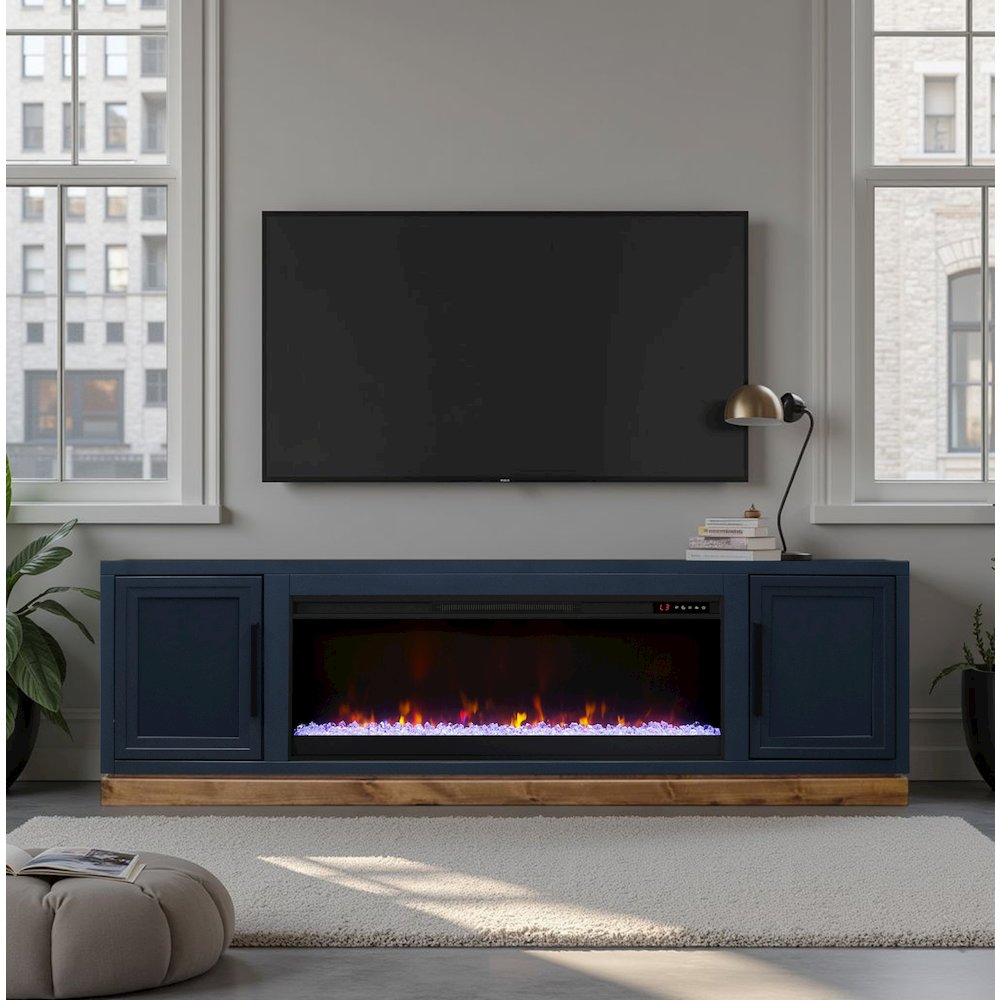 Nora 81in Fireplace TV Stand, for TVs up to 90in, Blue Denim and Whiskey Finish. Picture 4