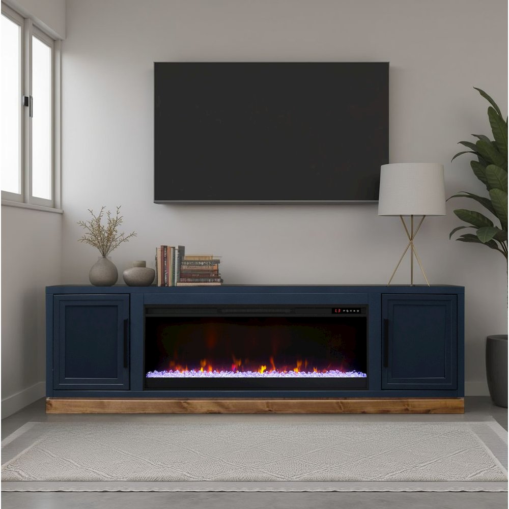 Nora 81in Fireplace TV Stand, for TVs up to 90in, Blue Denim and Whiskey Finish. Picture 5