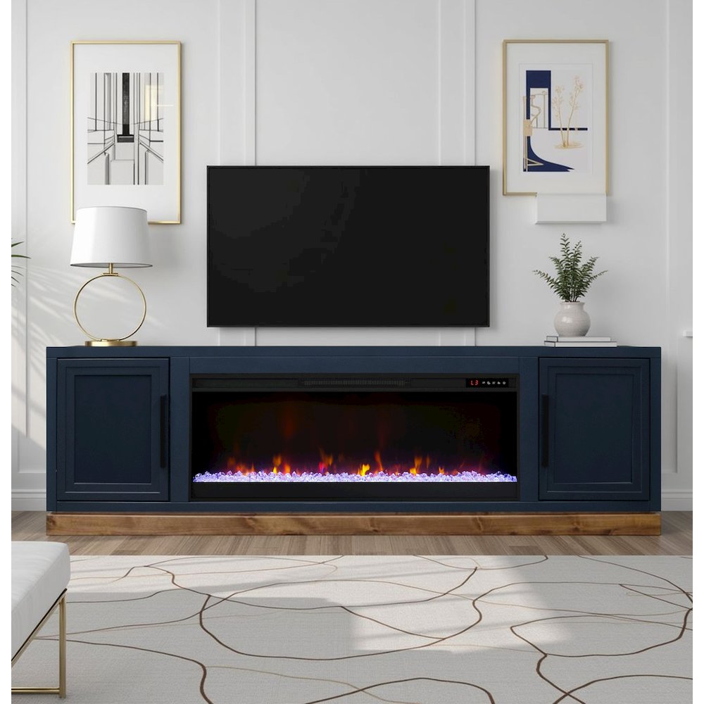 Nora 81in Fireplace TV Stand, for TVs up to 90in, Blue Denim and Whiskey Finish. Picture 2