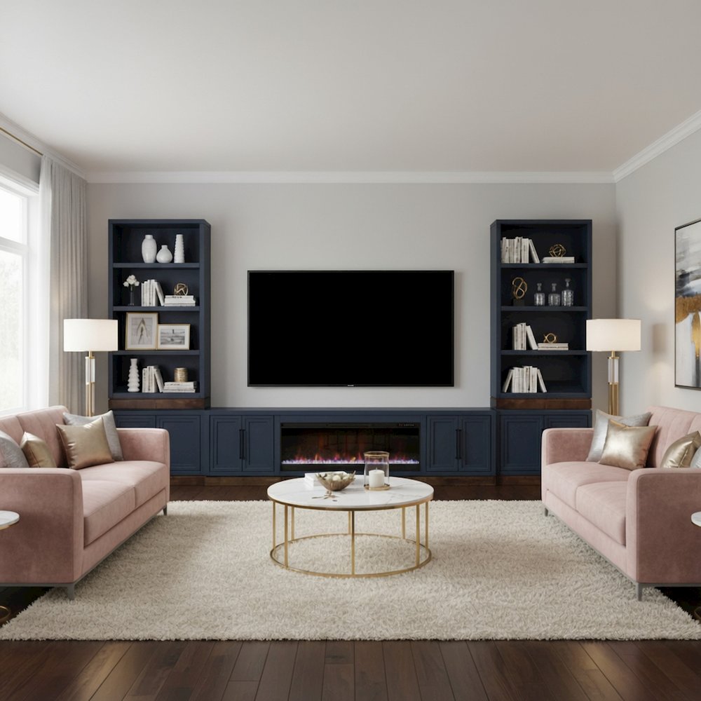 Nora 81in Fireplace TV Stand, for TVs up to 90in, Blue Denim and Whiskey Finish. Picture 8