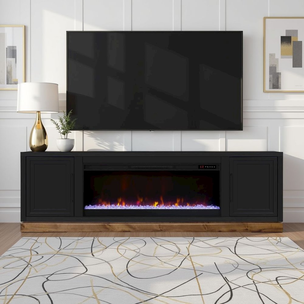 Nora 81 in Fireplace TV Stand, for TVs up to 90 in, Black and Whiskey Finish. Picture 2