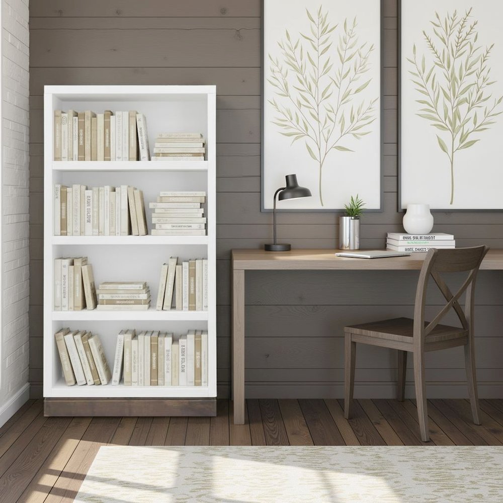 Nora Modular 60 inch High Bookshelf, Jasmine White and Barnwood Finish. Picture 2