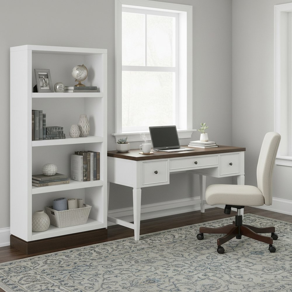Nora Modular 60 inch High Bookshelf, Jasmine White and Barnwood Finish. Picture 4