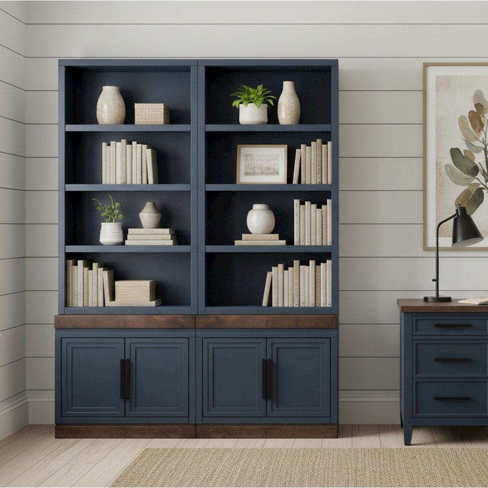 Nora Modular 2-Door Base Cabinet, Blue Denim and Whiskey Finish. Picture 7