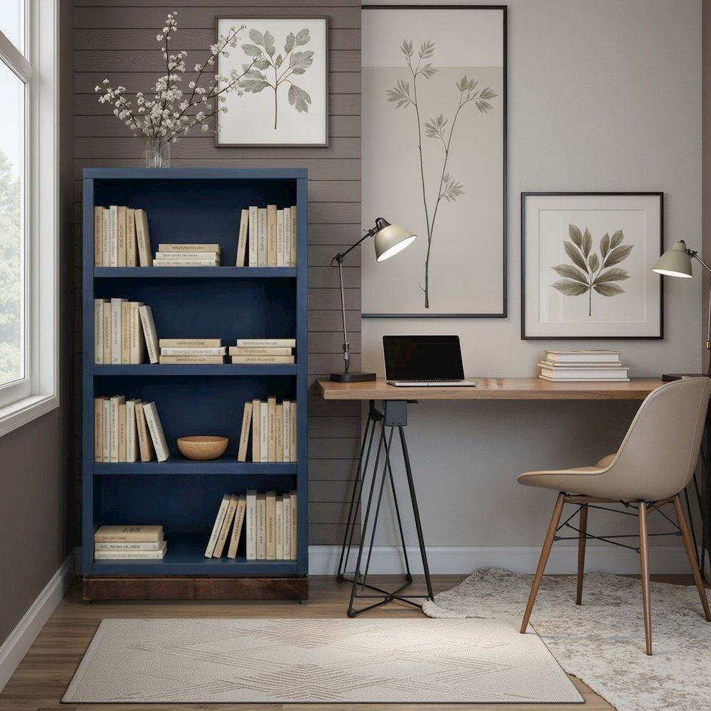 Nora Modular 60 inch High Bookshelf, Blue Denim and Whiskey Finish. Picture 2