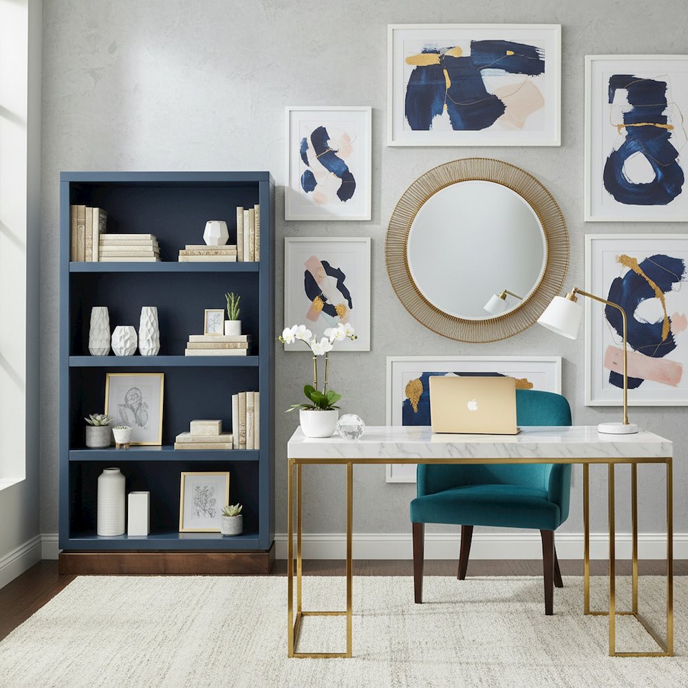 Nora Modular 60 inch High Bookshelf, Blue Denim and Whiskey Finish. Picture 4