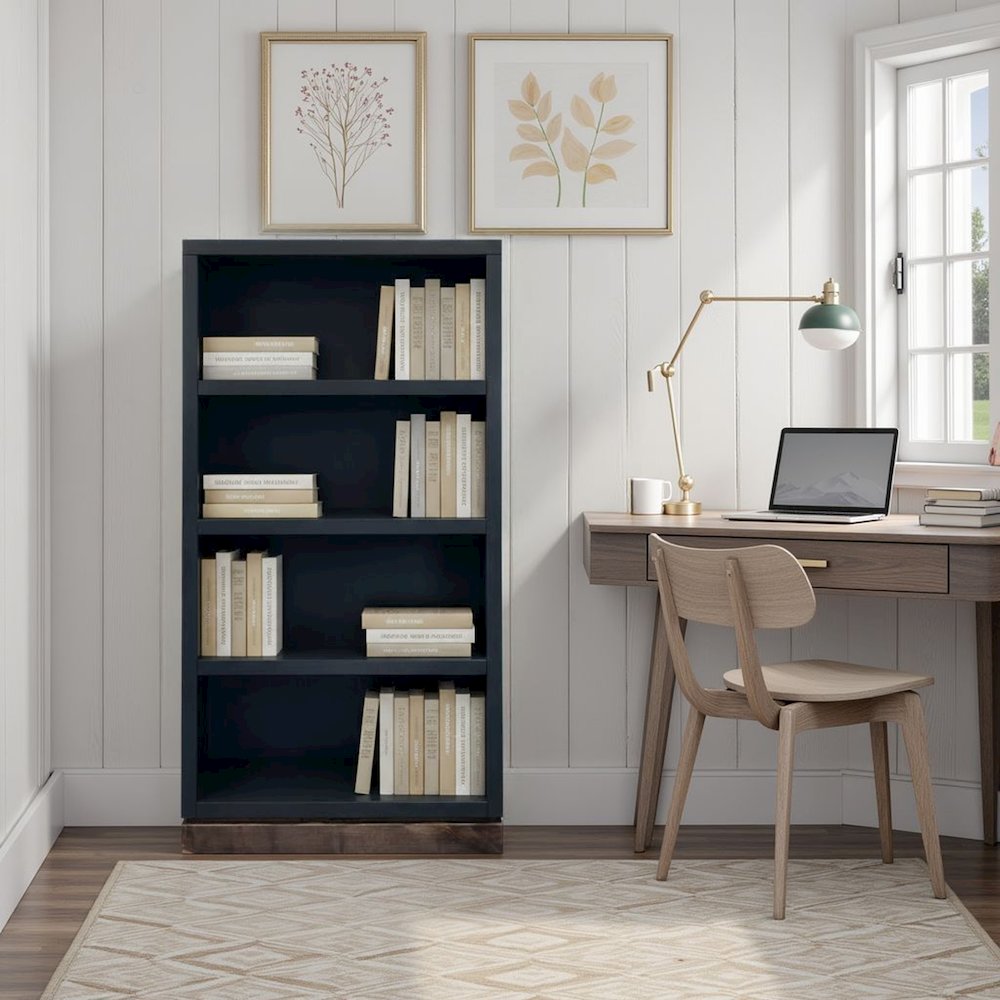 Nora Modular 60 inch High Bookshelf, Black and Whiskey Finish. Picture 2