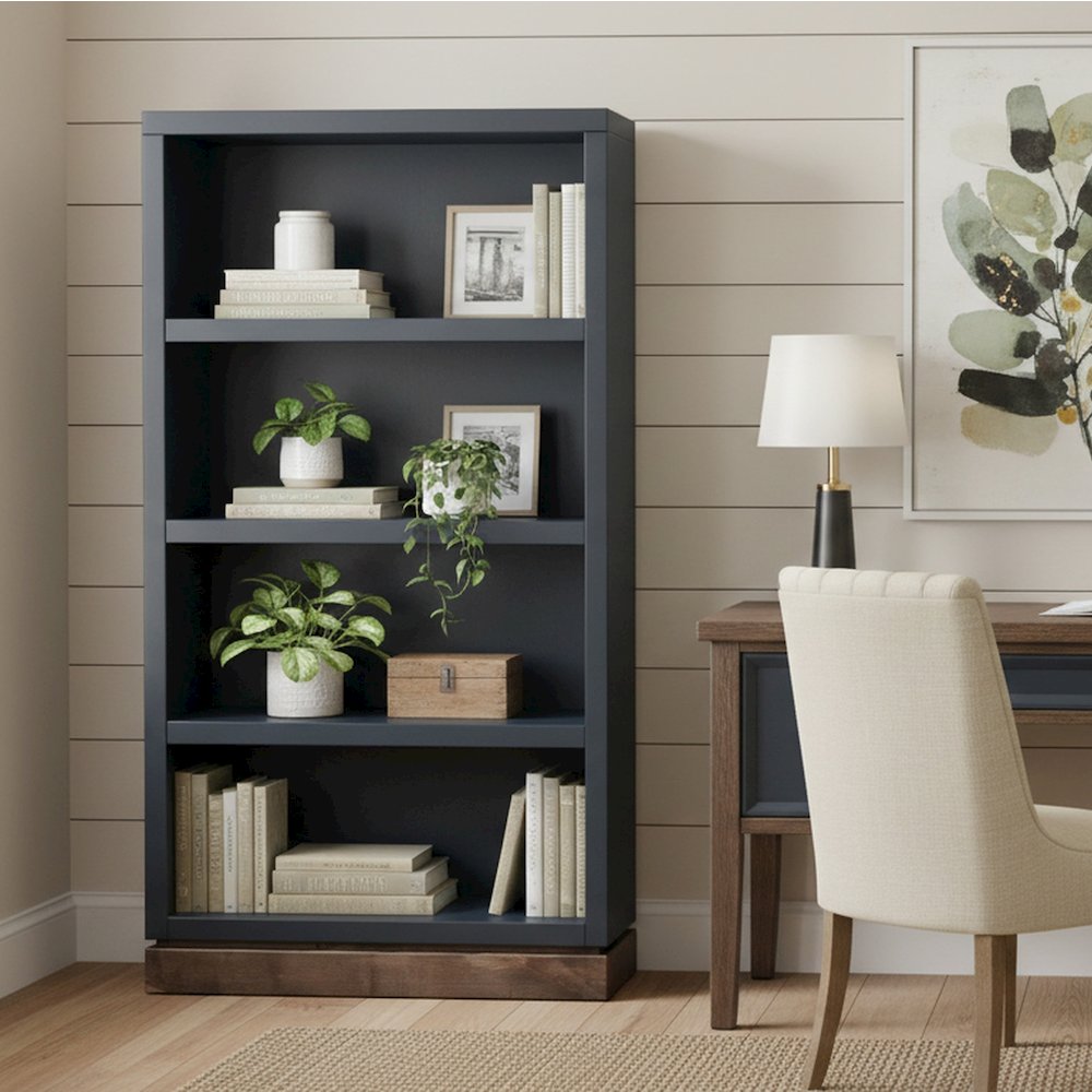 Nora Modular 60 inch High Bookshelf, Black and Whiskey Finish. Picture 4