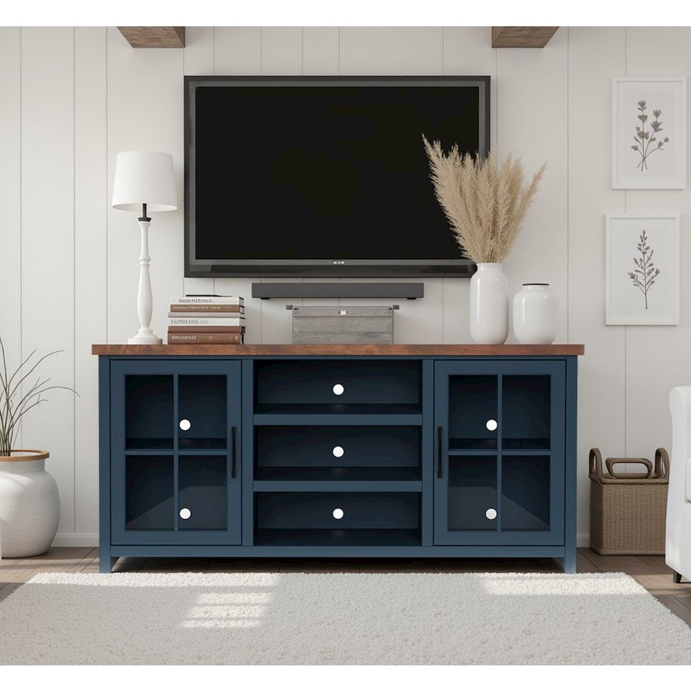 Nantucket 67in TV Stand Console for TVs up to 80in,Blue Denim and Whiskey Finish. Picture 2