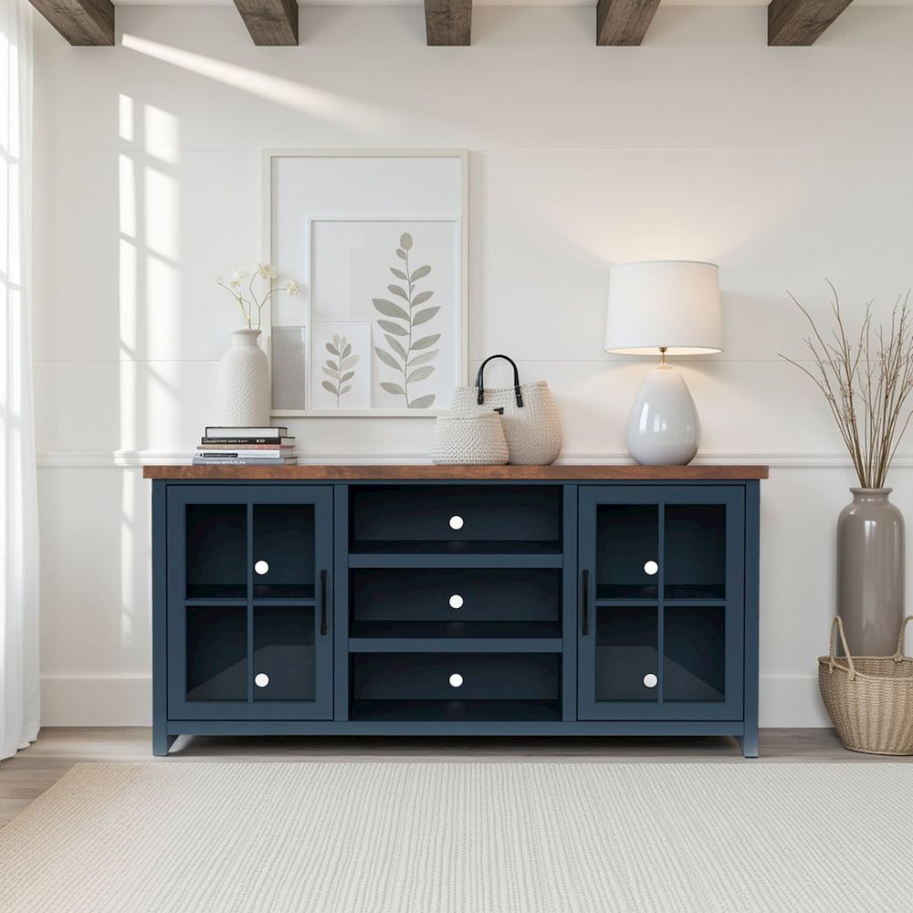 Nantucket 67in TV Stand Console for TVs up to 80in,Blue Denim and Whiskey Finish. Picture 4