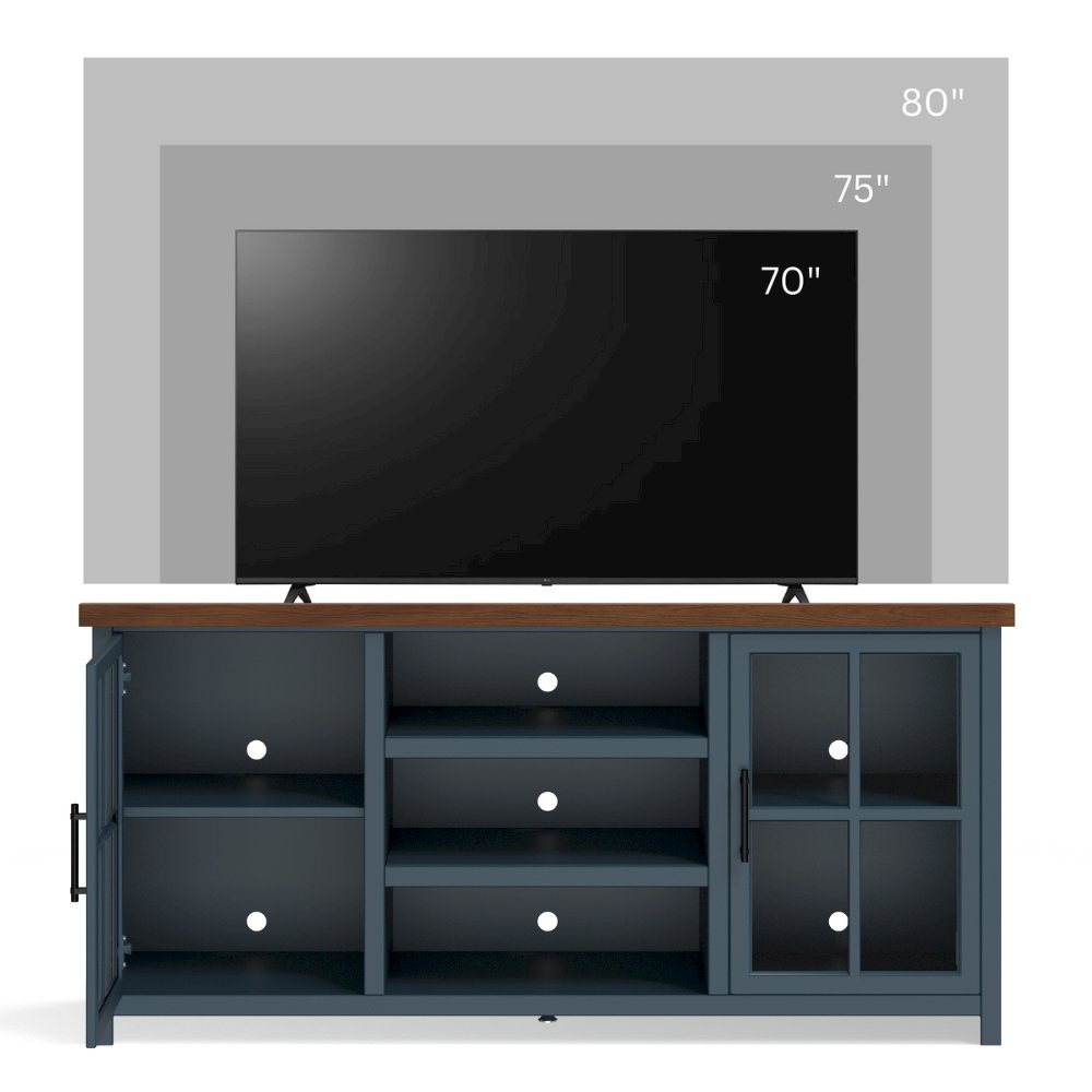 Nantucket 67in TV Stand Console for TVs up to 80in,Blue Denim and Whiskey Finish. Picture 3