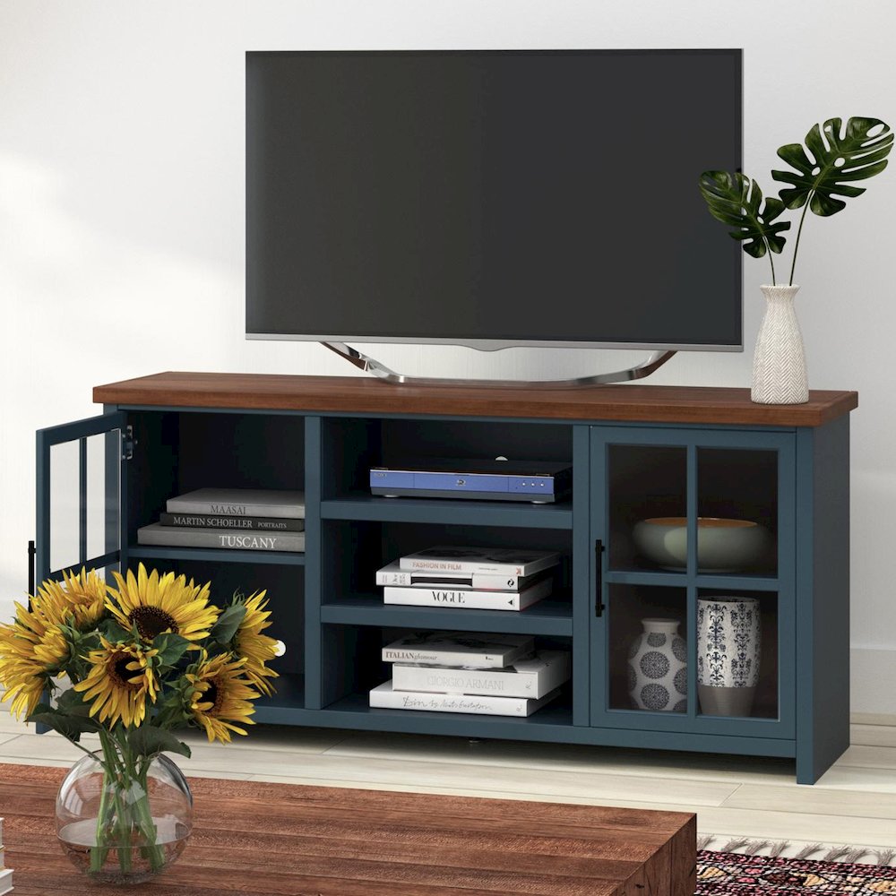 Nantucket 67in TV Stand Console for TVs up to 80in,Blue Denim and Whiskey Finish. Picture 5