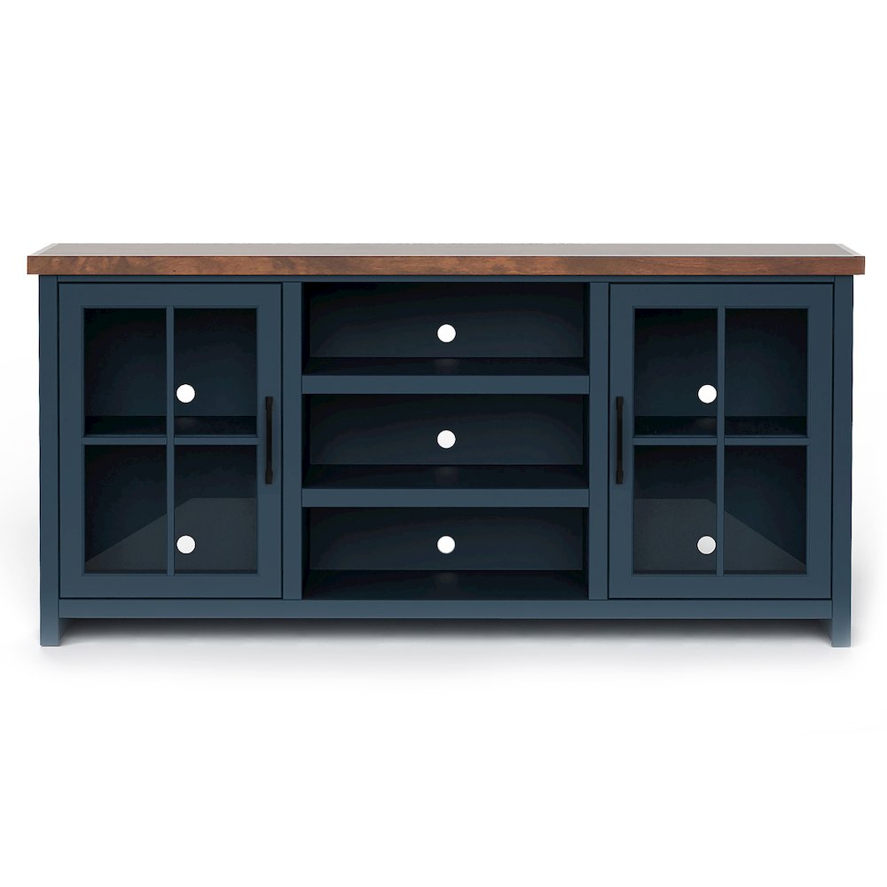Nantucket 67in TV Stand Console for TVs up to 80in,Blue Denim and Whiskey Finish. Picture 1