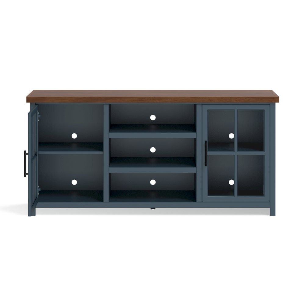 Nantucket 67in TV Stand Console for TVs up to 80in,Blue Denim and Whiskey Finish. Picture 6