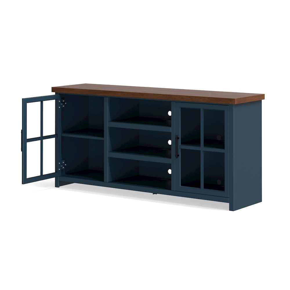 Nantucket 67in TV Stand Console for TVs up to 80in,Blue Denim and Whiskey Finish. Picture 7