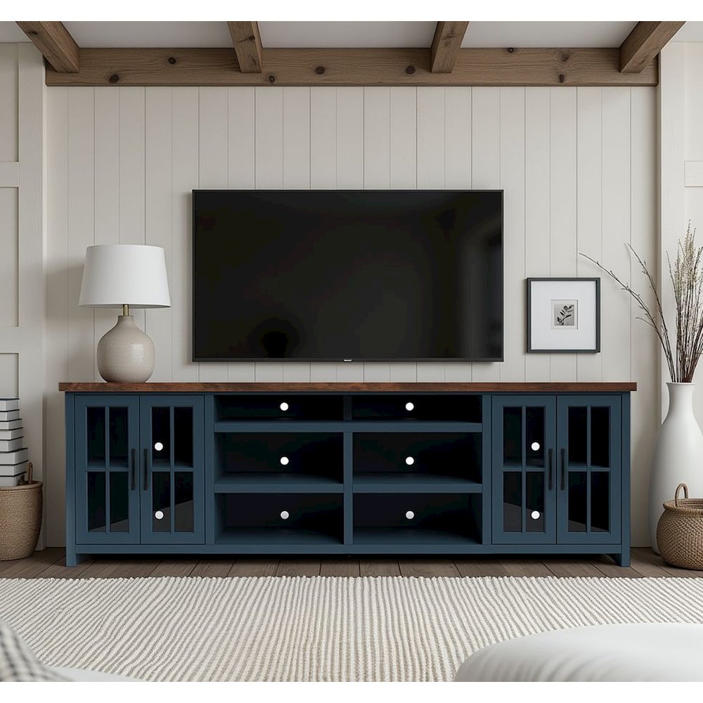 Nantucket 96in TV Stand Console for TVs up to 100in, Blue Denim & Whiskey Finish. Picture 2