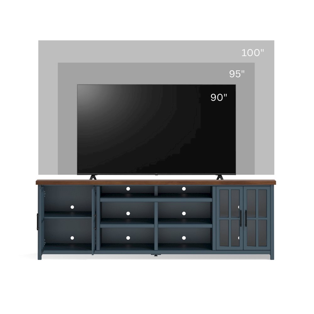 Nantucket 96in TV Stand Console for TVs up to 100in, Blue Denim & Whiskey Finish. Picture 3