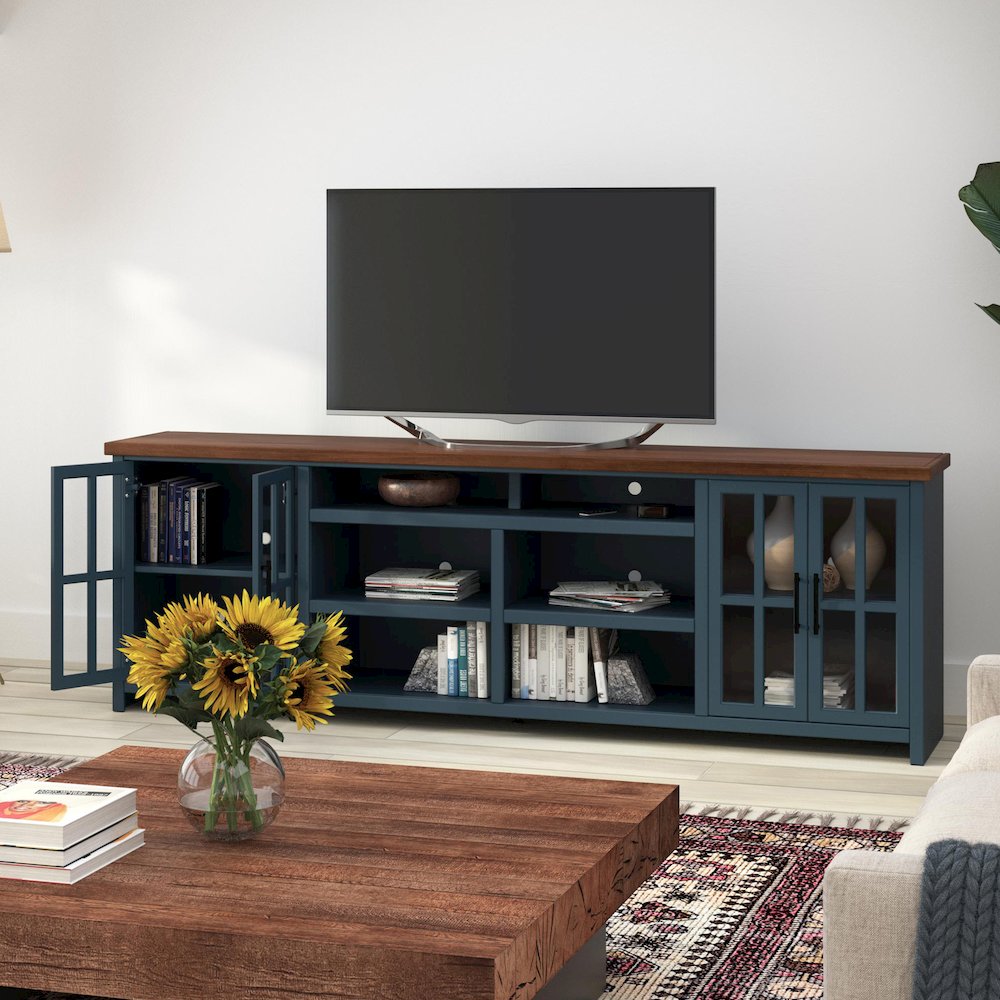 Nantucket 96in TV Stand Console for TVs up to 100in, Blue Denim & Whiskey Finish. Picture 5
